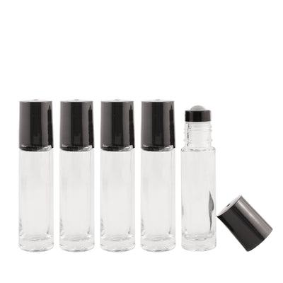 10ml Clear Glass Roller Bottle with Black Lid and Glass Roller Balls - Oil Life Canada - Canada's Best Essential Oil Supplies