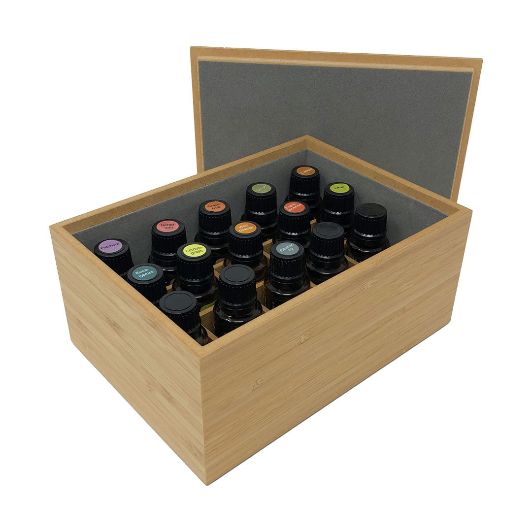 Bamboo Essential Oil Display with Lift-Off Lid - Oil Life Canada - Canada's Best Essential Oil Supplies